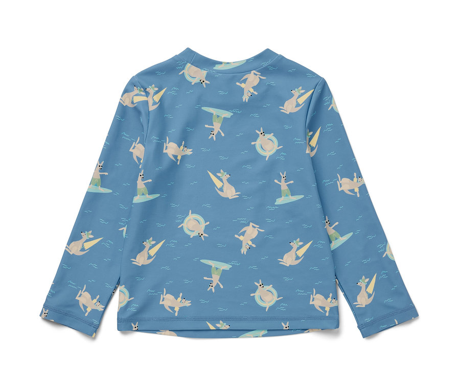 T-shirt bleu pour enfant avec protection UV 80, motif kangourou.