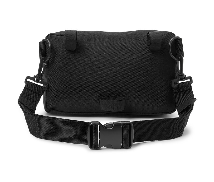 Sacoche de guidon 2 en 1 noire avec une sangle.