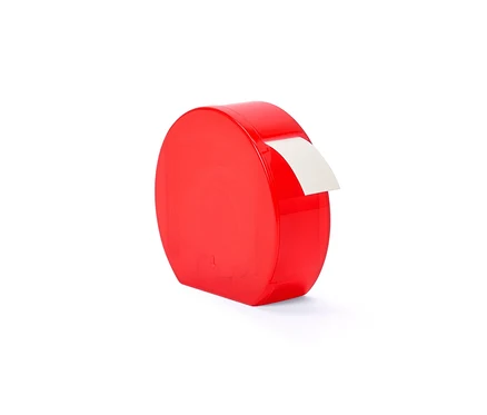 Un distributeur d'étiquettes rouge avec une étiquette blanche.