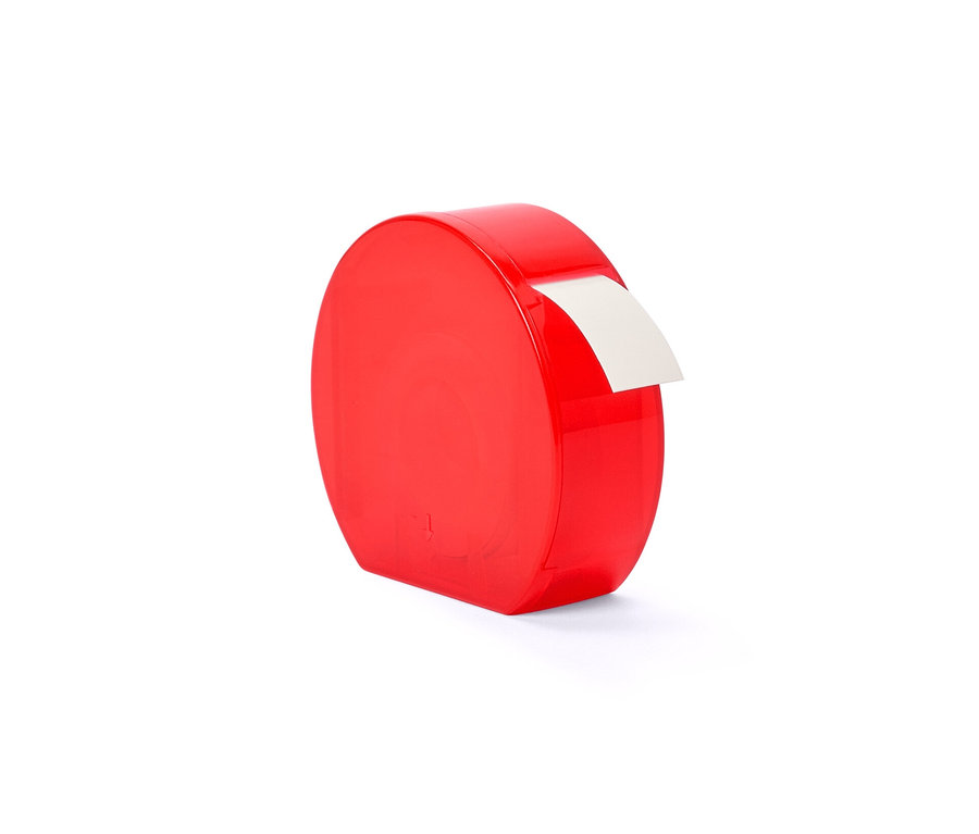 Un distributeur d'étiquettes rouge avec une étiquette blanche.