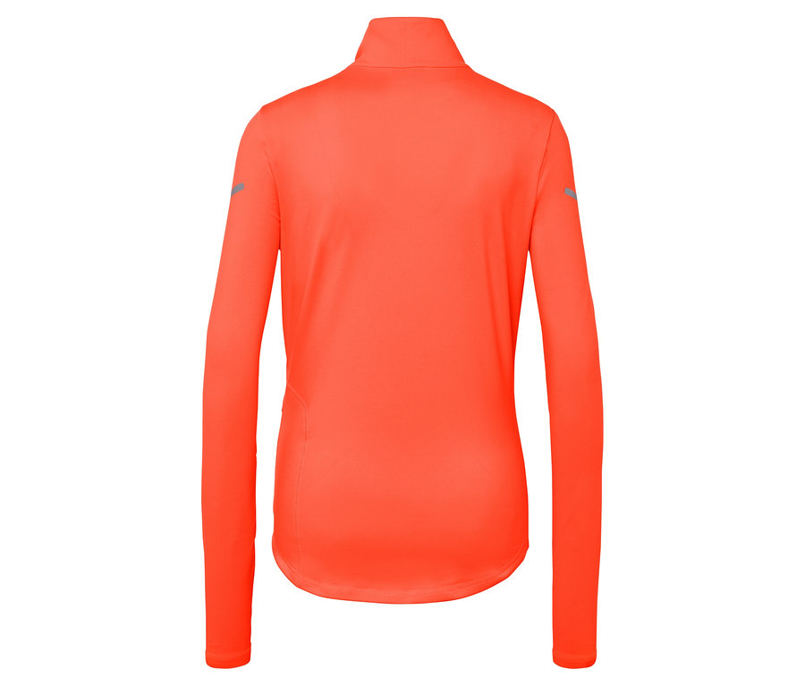 Vue détaillée de l'arrière d'un haut de sport orange à manches longues avec fermeture éclair au niveau du cou.