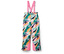 Pantalon de ski à bretelles avec imprimé abstrait multicolore et détails roses.