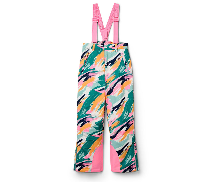 Pantalon de ski à bretelles avec imprimé abstrait multicolore et détails roses.