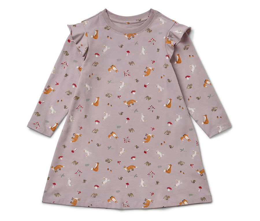 Robe lilas à manches longues avec imprimé de renards, de lièvres, d'écureuils et de champignons.
