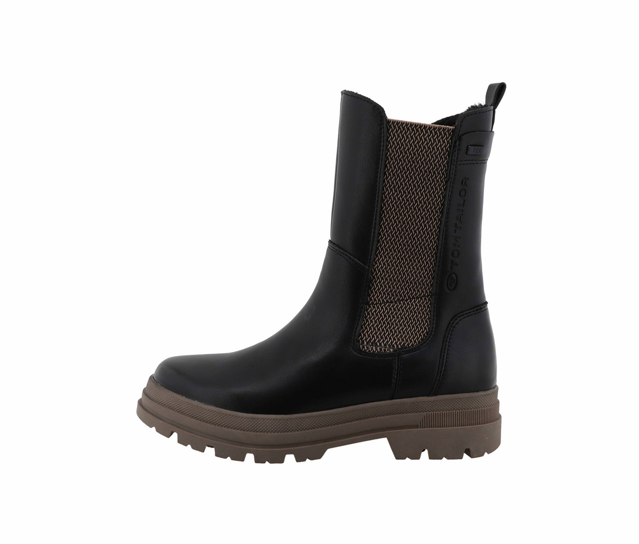 Une botte en cuir noire Tom Tailor sur fond blanc.