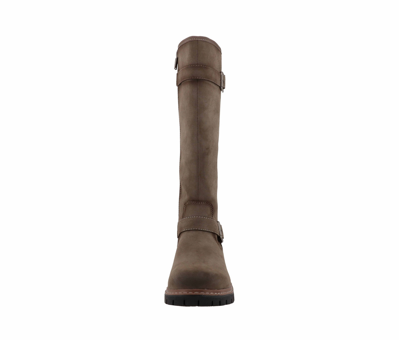 Une botte marron sur fond blanc.