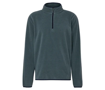 Gros plan d'un pull en polaire gris-vert avec fermeture éclair.