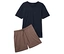 Un t-shirt bleu marine à col en V et un short marron à cordon de serrage sont posés l'un sur l'autre.