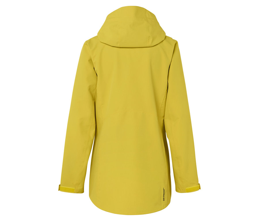 Vue arrière d'une veste jaune à capuche.