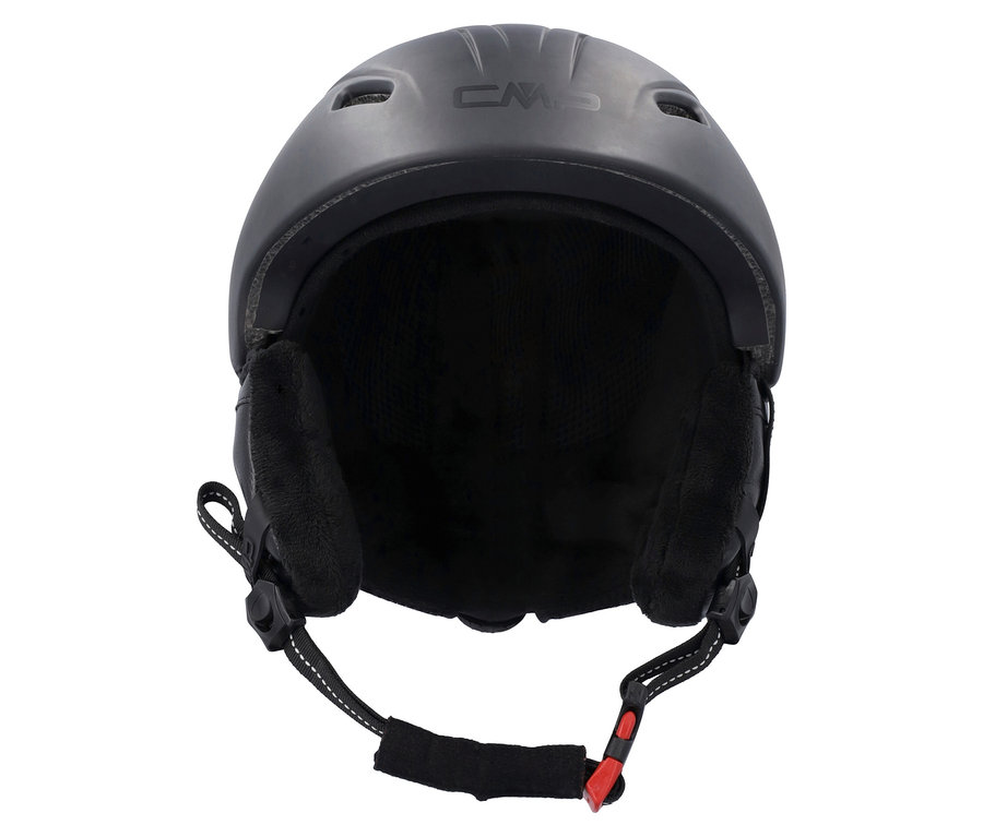 Casque de ski noir avec protège-oreilles et sangle réglable.