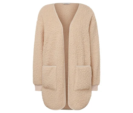 Cardigan ouvert beige à manches longues et poches.