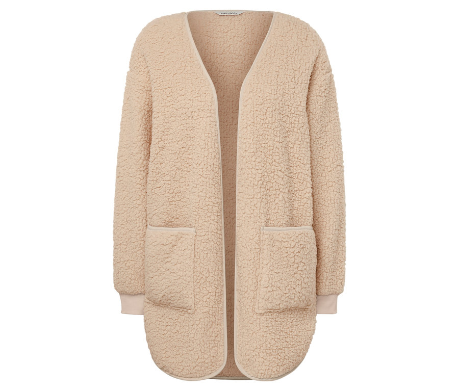 Cardigan ouvert beige à manches longues et poches.