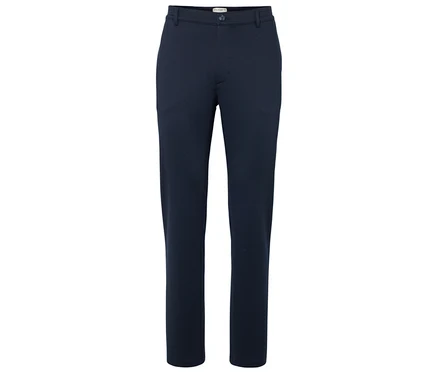 Pantalon bleu marine sur fond blanc.