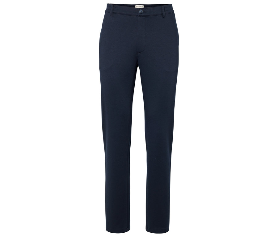 Pantalon bleu marine sur fond blanc.