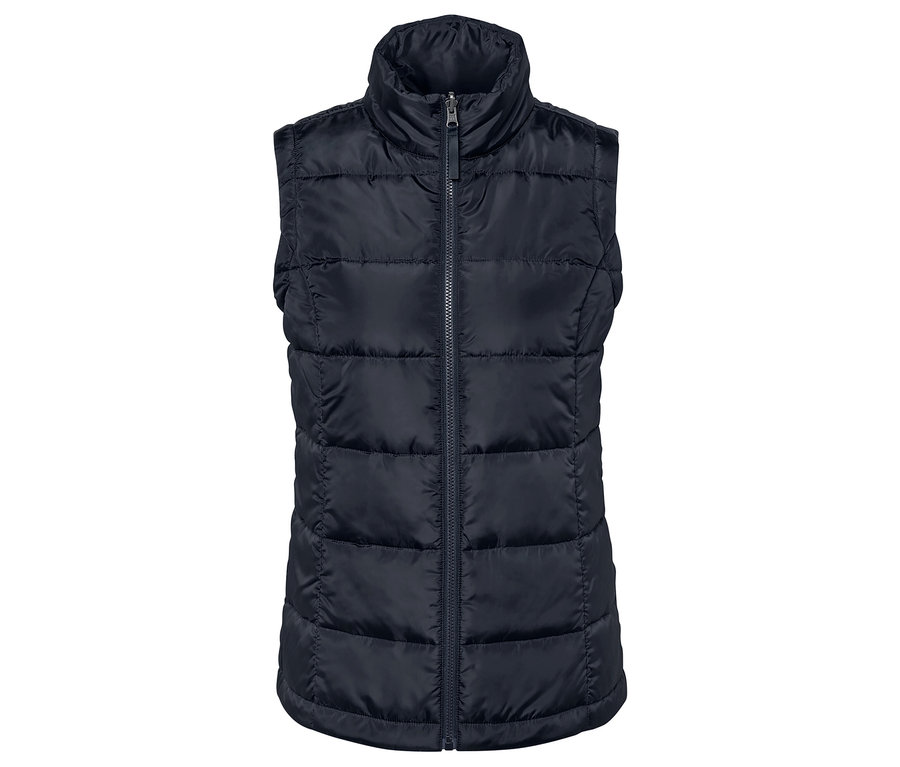 Veste sans manches matelassée bleu foncé avec fermeture éclair et col montant.