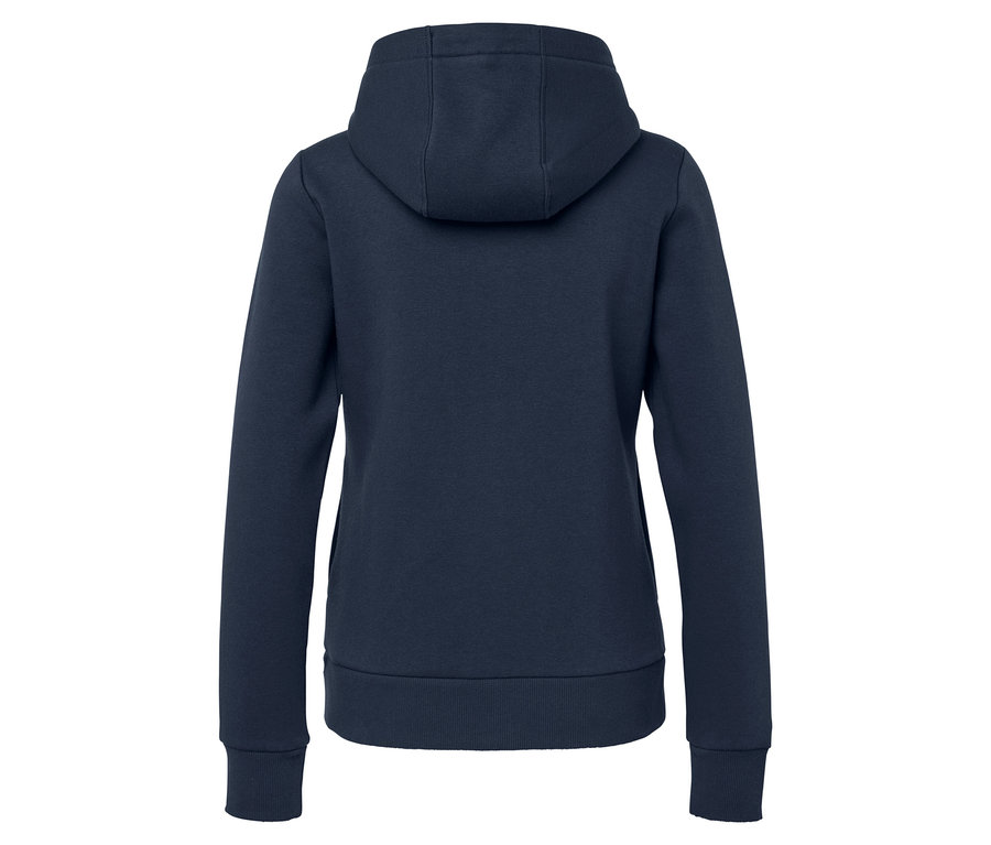 Détail du dos d'un sweat à capuche bleu foncé.