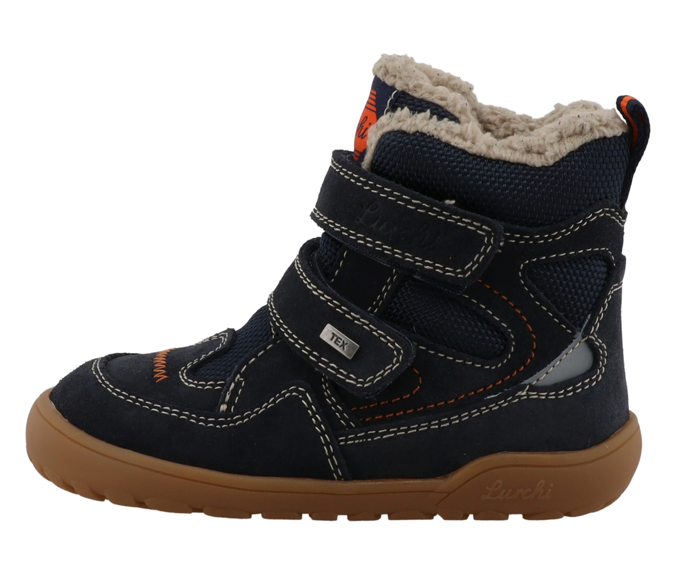 Botte bleu Lurchi Juppy Barefoot-TEX avec semelle marron et fermeture velcro.