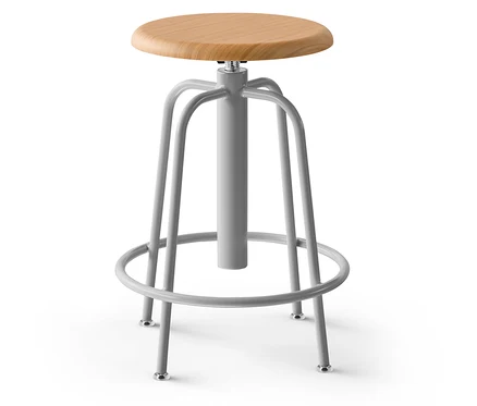 Tabouret gris avec assise en bois.