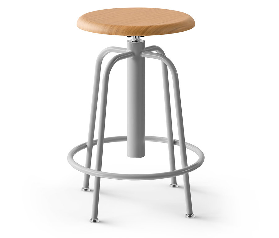 Tabouret gris avec assise en bois.