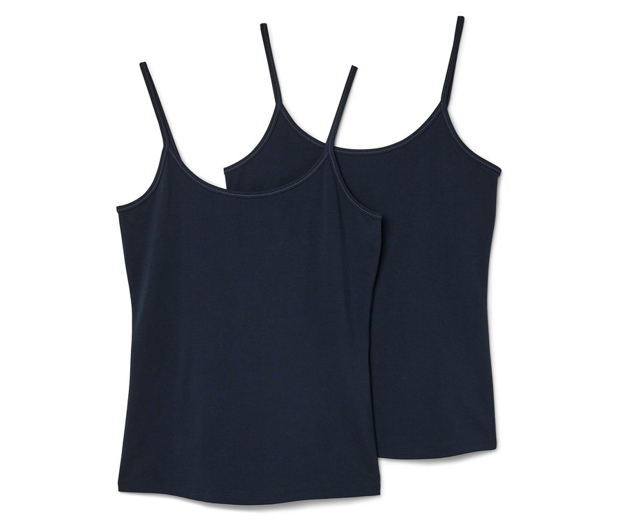 Deux débardeurs bleu foncé à fines bretelles posés côte à côte.