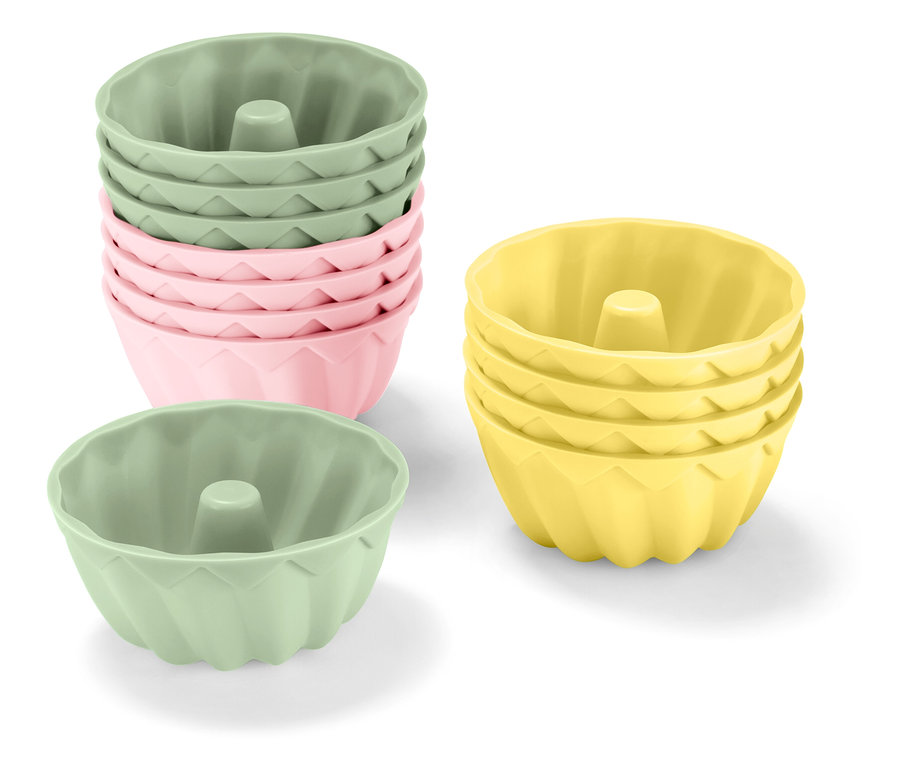 Ensembles de moules à kouglof en silicone en vert, rose et jaune.