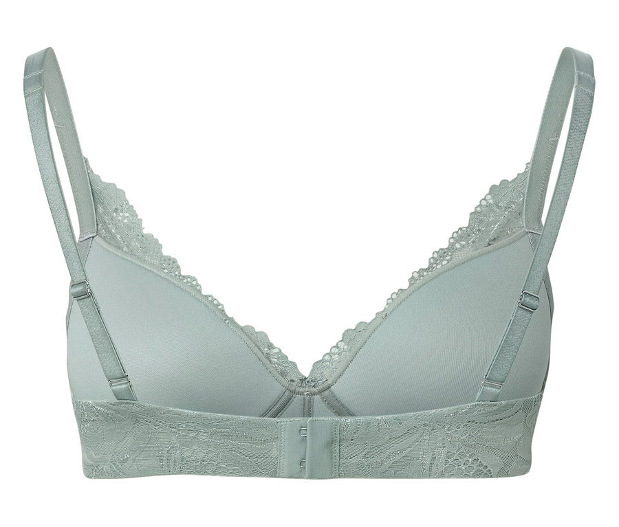 Vue arrière d'un soutien-gorge vert clair avec bordure en dentelle.