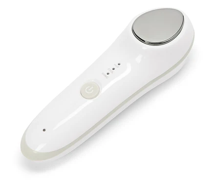 Appareil de beauté blanc avec tête en métal et boutons pour régler la température et le mode sonique.