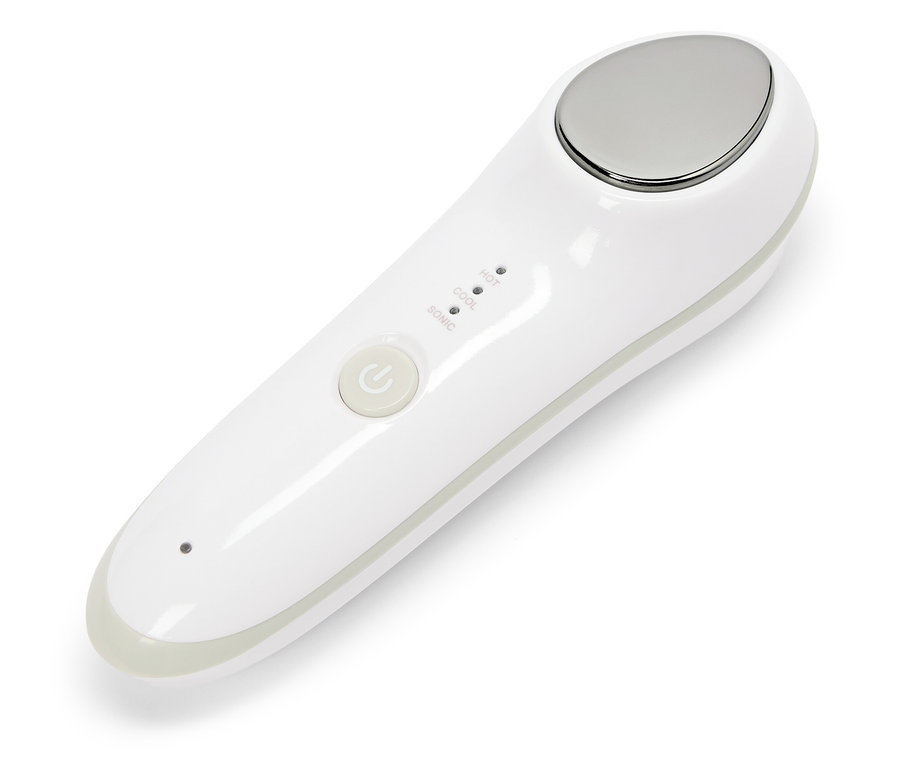 Appareil de beauté blanc avec tête en métal et boutons pour régler la température et le mode sonique.