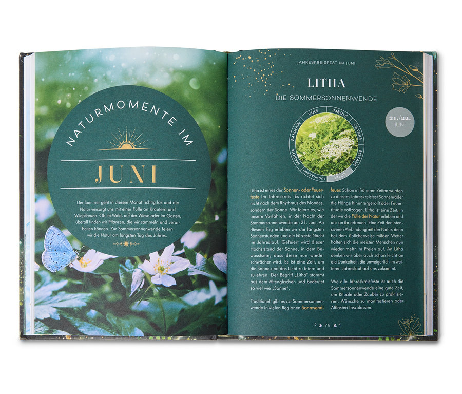 Livre ouvert avec du texte et des images de la nature, un papillon bleu sur des fleurs blanches à gauche.