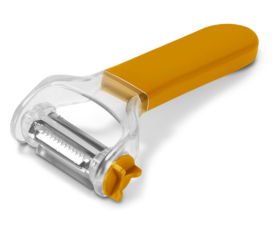 Éplucheur à légumes jaune avec couvercle en plastique transparent sur fond blanc.