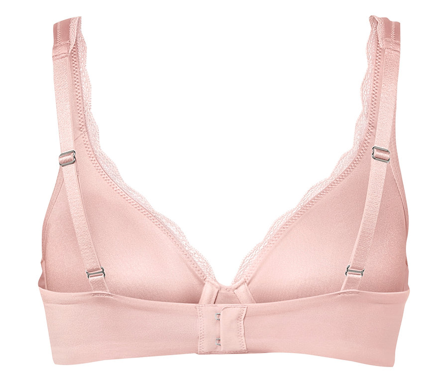 Vue détaillée de l'arrière d'un soutien-gorge rose avec de la dentelle.