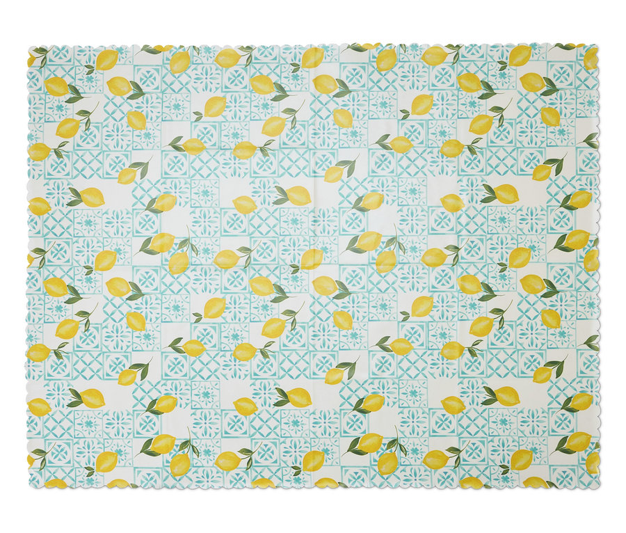 Un napperon avec un motif de citron sur un fond bleu et blanc.