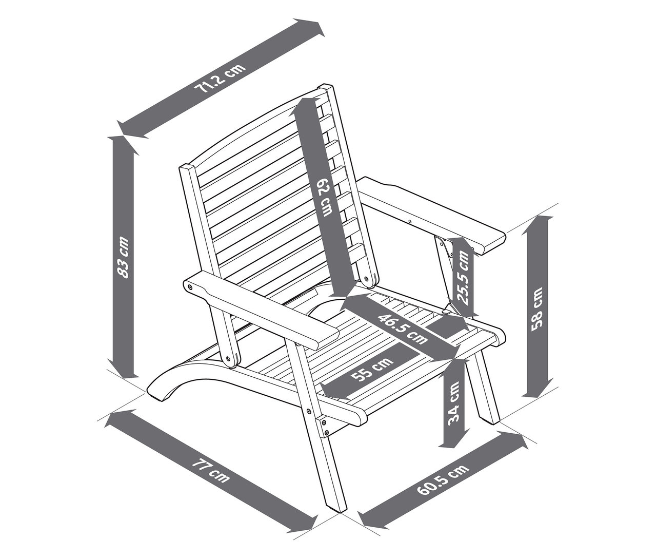 Illustration d'un fauteuil de jardin pliable avec coussins premium, faisant partie d'un ensemble de 4 pièces, avec les dimensions.