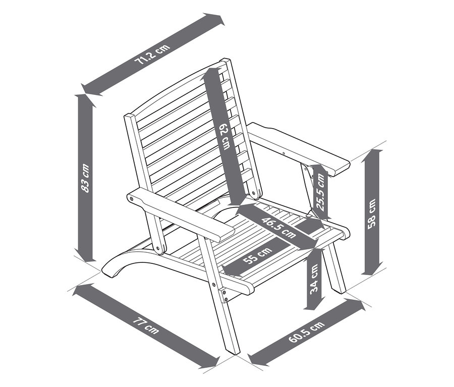 Illustration d'un fauteuil de jardin pliable avec coussins premium, faisant partie d'un ensemble de 4 pièces, avec les dimensions.