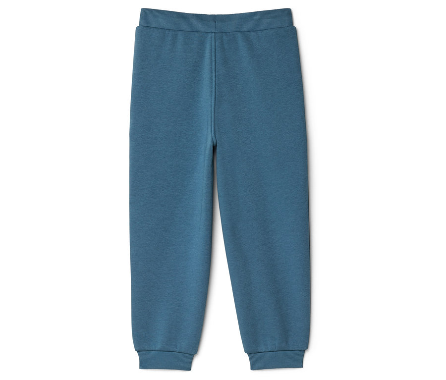 Un pantalon de jogging bleu avec une taille et des chevilles élastiquées posé sur un fond blanc.