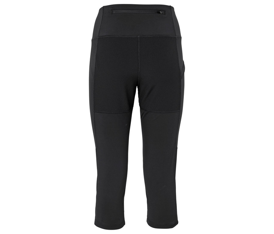 Leggings noirs trois-quarts à taille haute avec poches et fermeture éclair à l'arrière.