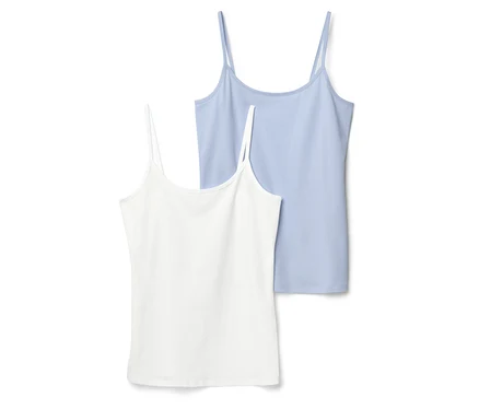 Deux débardeurs, un blanc et un bleu clair, sont superposés.