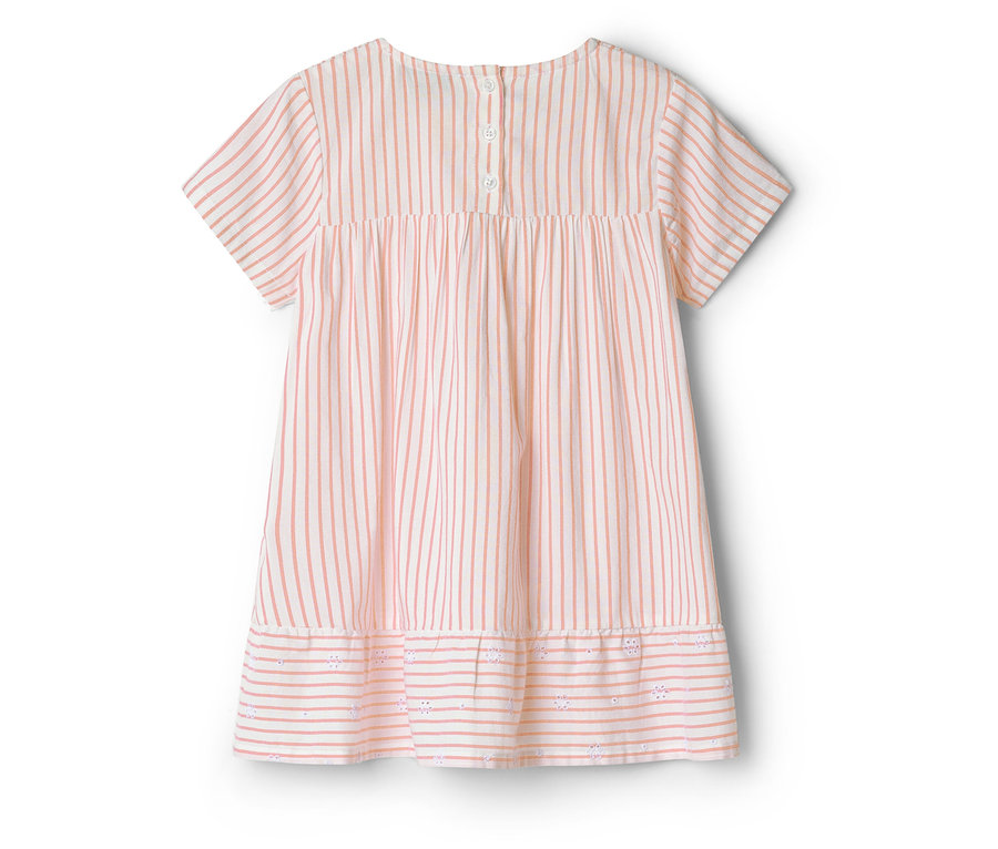 Vue arrière d'une robe à rayures roses et blanches à manches courtes avec des boutons dans le dos.