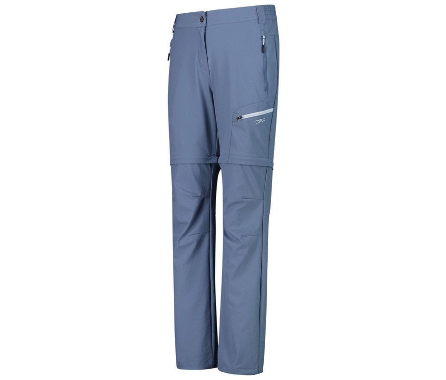 Pantalon de randonnée long bleu clair avec fermetures éclair aux genoux pour retirer les jambes du pantalon.