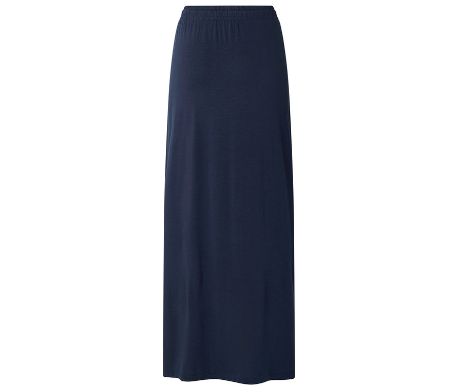 Une jupe bleu marine longueur cheville avec une taille élastique sur fond blanc.