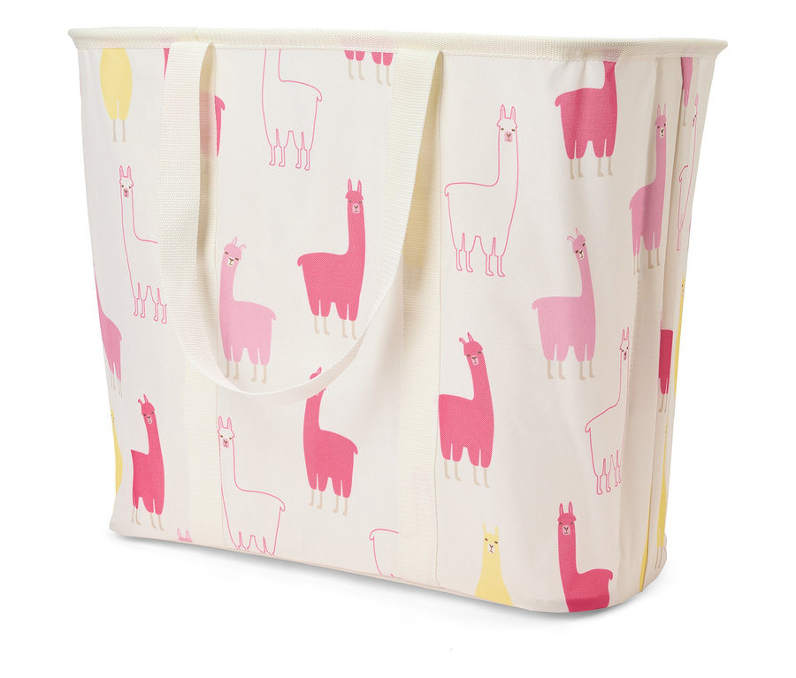Un panier à linge blanc avec des motifs de lamas roses et jaunes.