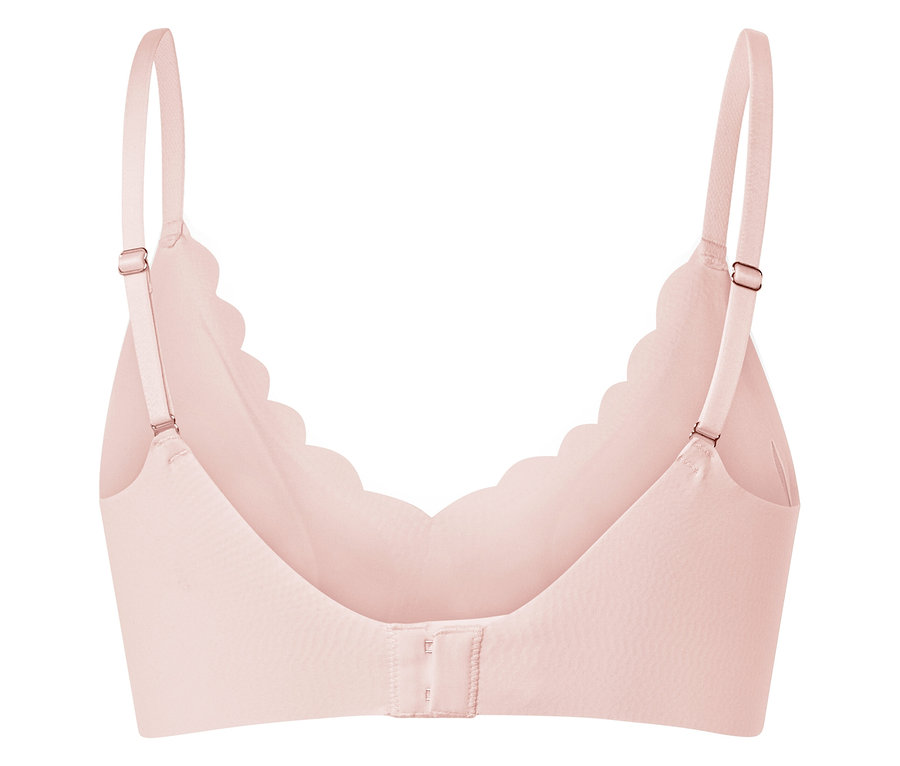 Vue arrière d'un soutien-gorge rose clair avec bretelles réglables et encolure ondulée.