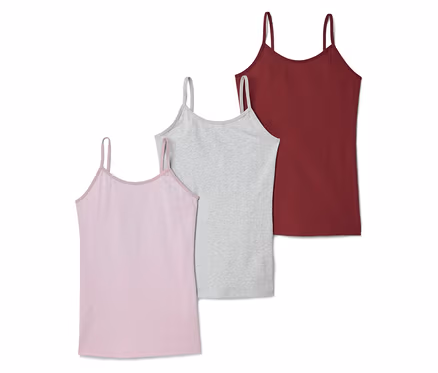 Trois débardeurs rose, gris et bordeaux sont superposés.