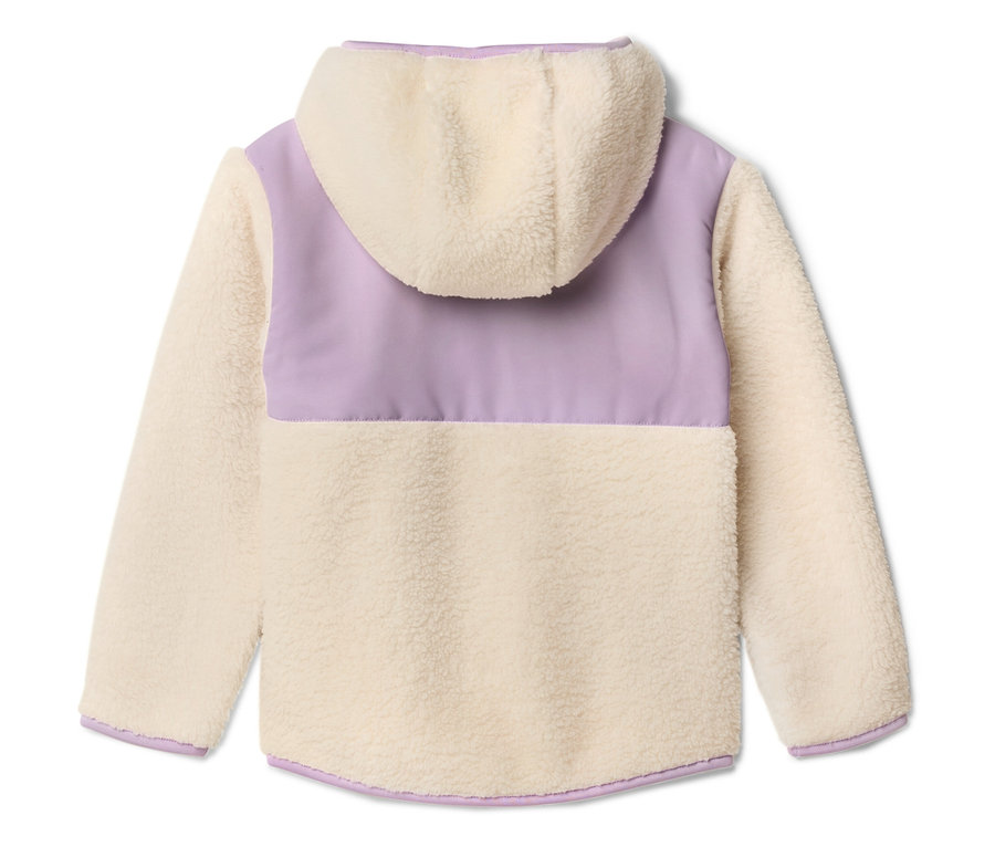 Vue arrière d'une veste en polaire teddy à capuche crème et violette.