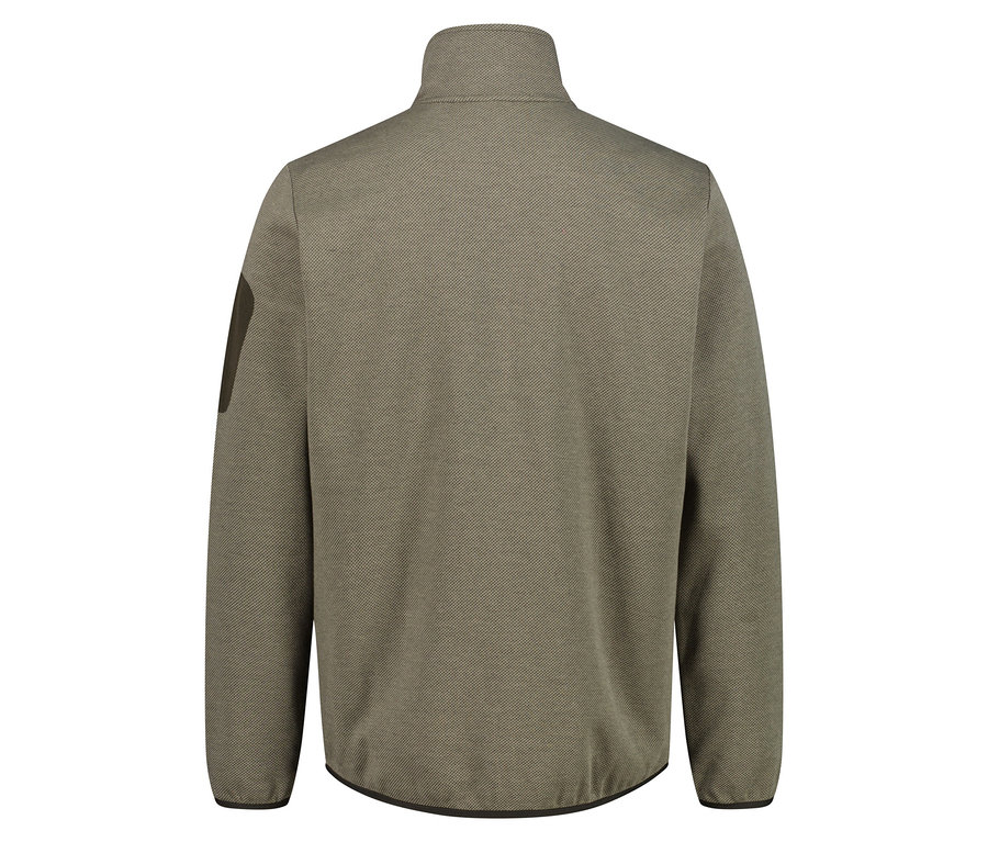 Vue arrière d'une veste polaire vert olive zippée avec un patch foncé sur la manche.