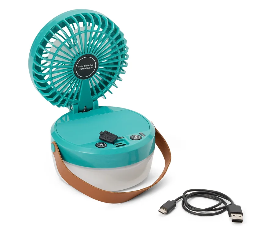 Lampe de camping solaire turquoise avec ventilateur et câble USB sur fond blanc.