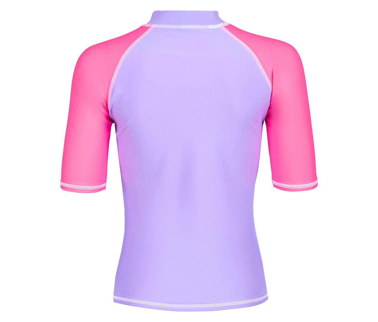 Haut à manches courtes lilas et rose vu de dos.