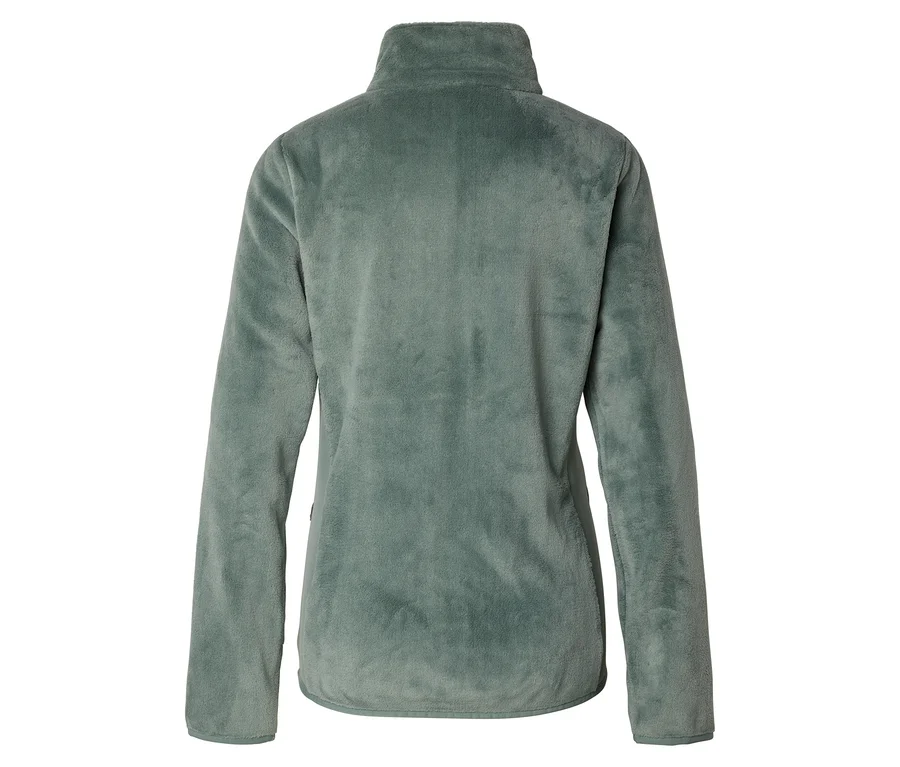 Vue arrière d'une veste polaire vert clair unie avec un col montant sur fond blanc.