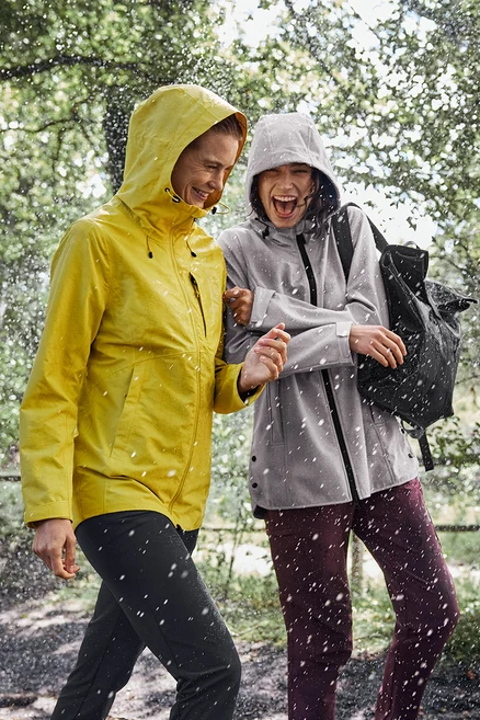 Deux femmes marchent sous la pluie, l'une porte un imperméable jaune, l'autre un gris avec un sac à dos noir.