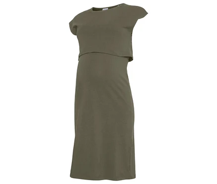 Robe de grossesse kaki avec haut court et jupe longueur genou.